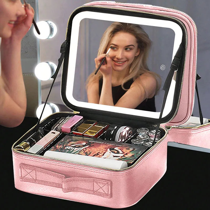ESTUCHE DE COSMÉTICOS CON ESPEJO LED RECARGABLE NEGRO