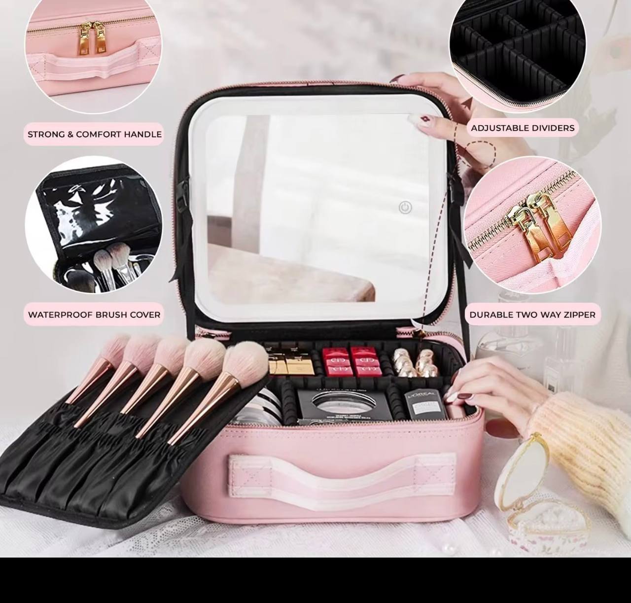 ESTUCHE DE COSMÉTICOS CON ESPEJO LED RECARGABLE NEGRO