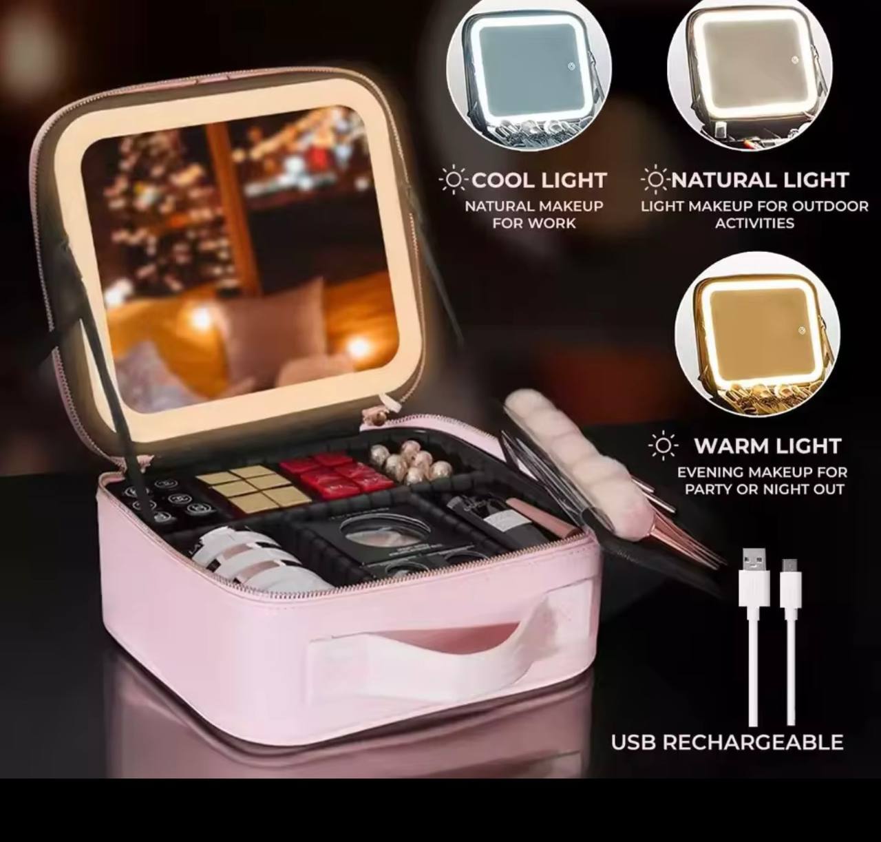 ESTUCHE DE COSMÉTICOS CON ESPEJO LED RECARGABLE NEGRO