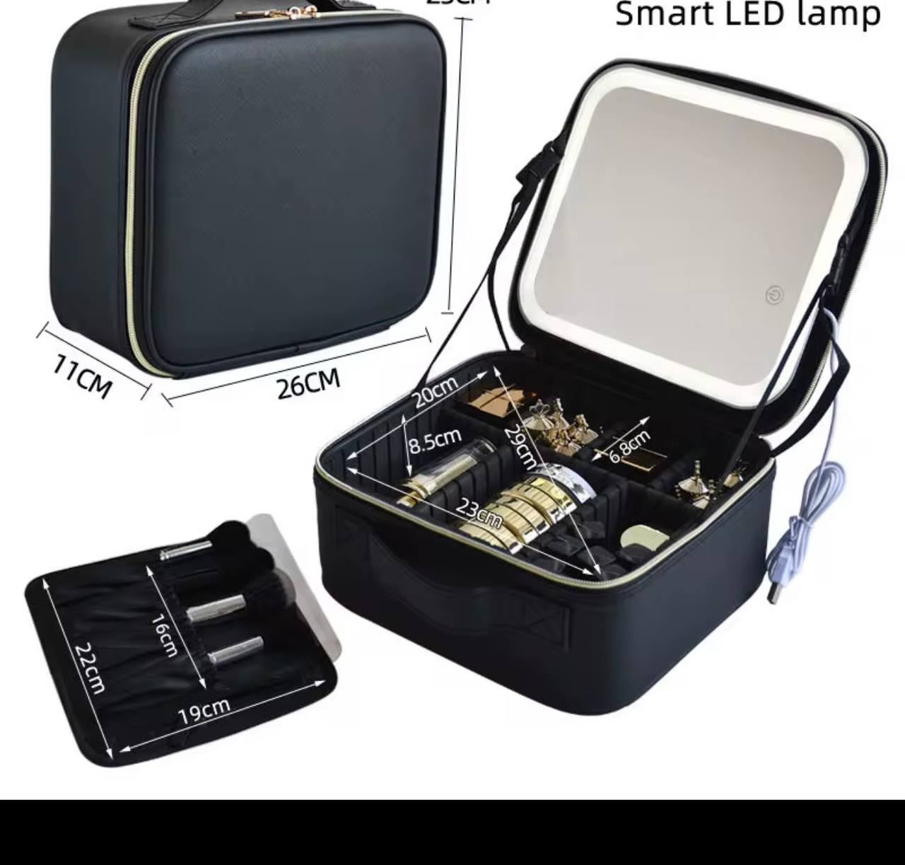 ESTUCHE DE COSMÉTICOS CON ESPEJO LED RECARGABLE NEGRO