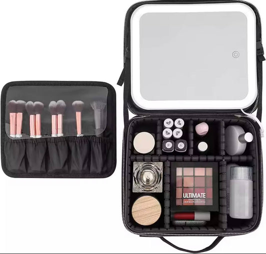 ESTUCHE DE COSMÉTICOS CON ESPEJO LED RECARGABLE NEGRO